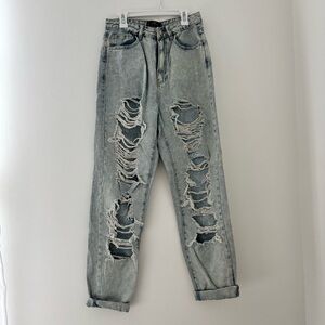 Light Blue Wash Riot Vintage Distress Mom Jeans